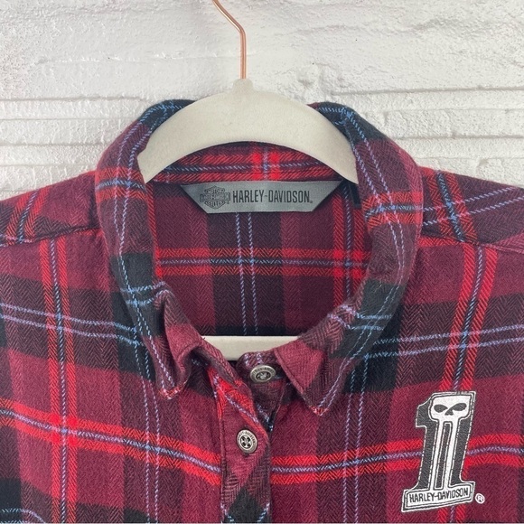 Harley Davidson Flannel Shirt Red & Blue Plaid "Ain't No Darling" Graphic Medium - Picture 2 of 16